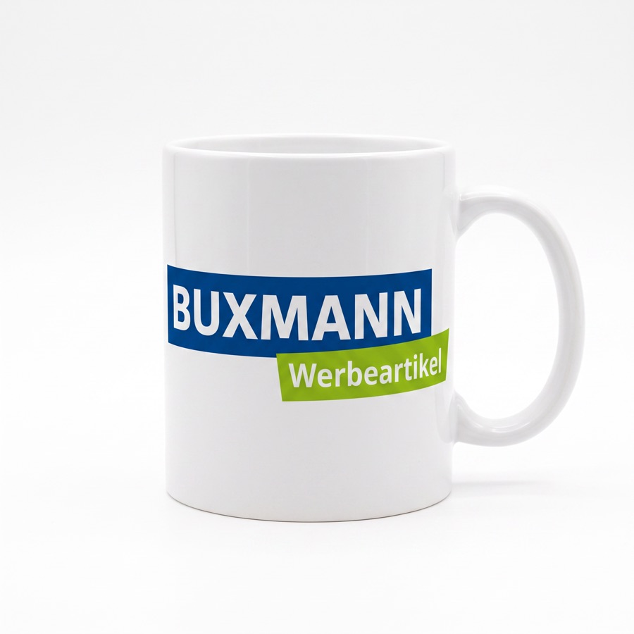 Tasse mit Buxmann-Logo – Werbeartikel von Buxmann Berlin
