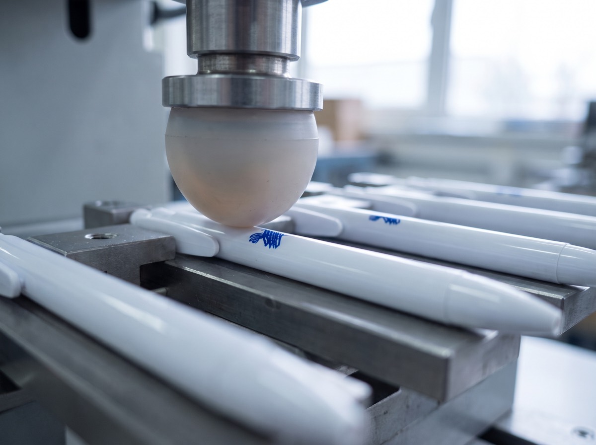 Tampondruckmaschine bedruckt Kugelschreiber in einer Aufnahme